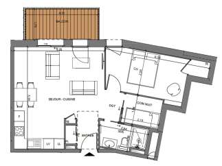 This floor plan showcases a well-designed apartment featuring a living-kitchen area that extends to a balcony, providing a seamless indoor-outdoor living experience.