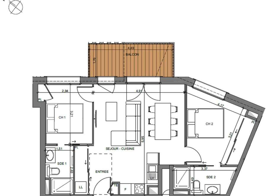 This floor plan showcases a modern apartment with two bedrooms, a balcony, and an open-plan living and kitchen area.