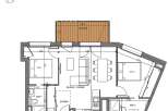 This floor plan showcases a modern apartment with two bedrooms, a balcony, and an open-plan living and kitchen area.