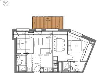 This floor plan showcases a modern apartment with two bedrooms, a balcony, and an open-plan living and kitchen area.