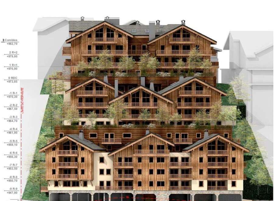 This is an image of a multi-level chalet-style apartment building.