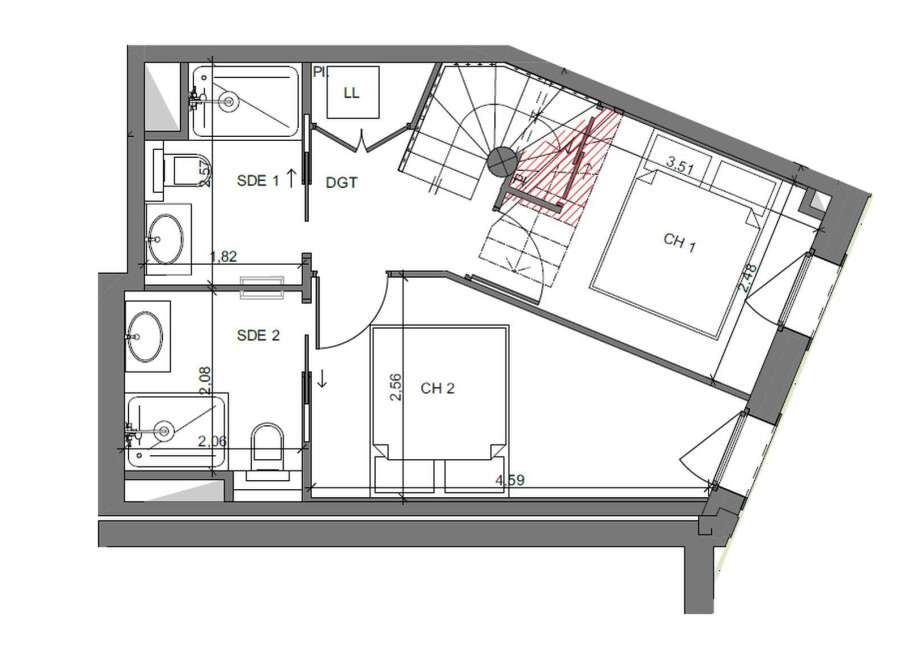 This floor plan showcases a thoughtfully designed layout with two bedrooms (CH 1 and CH 2), each offering distinct dimensions.