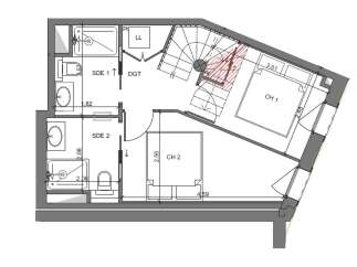 This floor plan showcases a thoughtfully designed layout with two bedrooms (CH 1 and CH 2), each offering distinct dimensions.