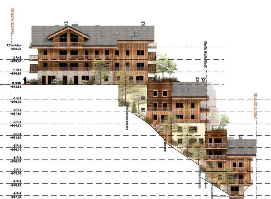 This architectural visualization showcases a multi-story residential building nestled on a hillside, highlighting its terraced design and integration with the natural slope.