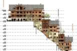 This architectural visualization showcases a multi-story residential building nestled on a hillside, highlighting its terraced design and integration with the natural slope.