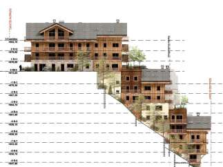 This architectural visualization showcases a multi-story residential building nestled on a hillside, highlighting its terraced design and integration with the natural slope.