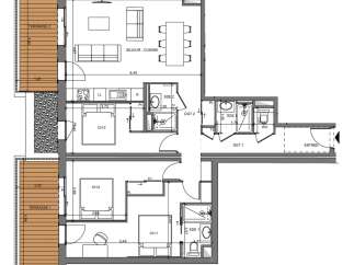 This floor plan showcases a well-designed apartment with three bedrooms (CH 1, CH 2, CH 3), offering ample living space.