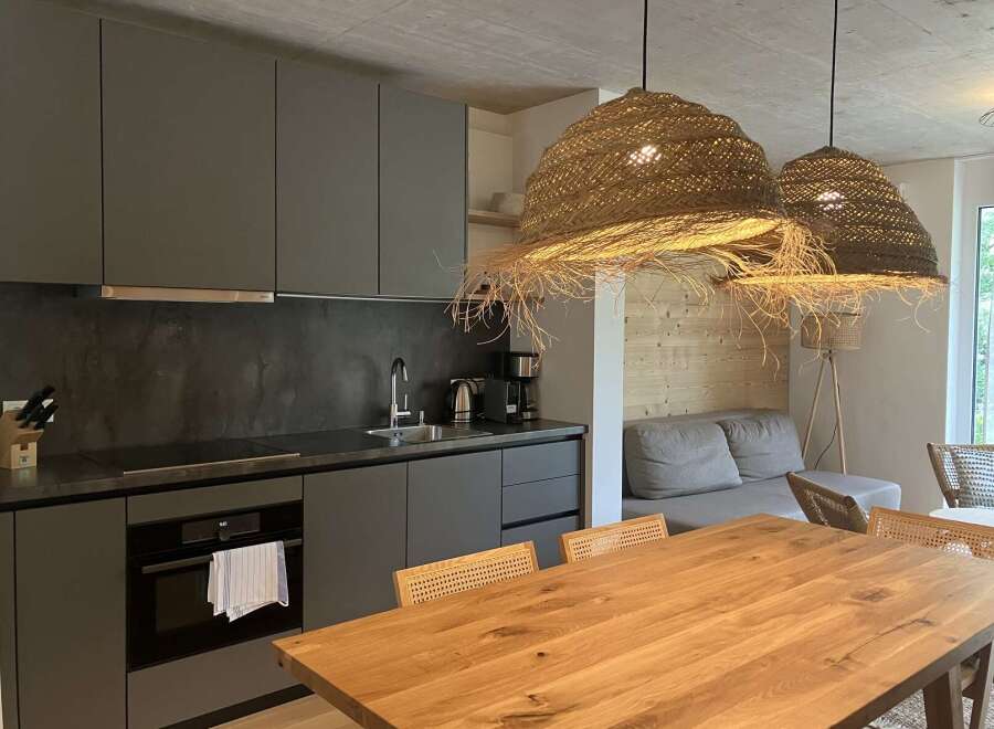 This inviting property boasts a modern kitchen with sleek gray cabinetry and stainless steel appliances, complemented by unique woven light fixtures.