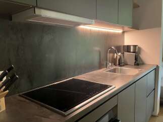 This modern kitchen boasts sleek gray cabinetry, a stainless steel sink, and an integrated cooktop for a clean, minimalist aesthetic.