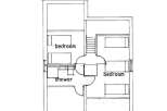 This two-story floor plan of the Rosta house features two bedrooms and a shower.