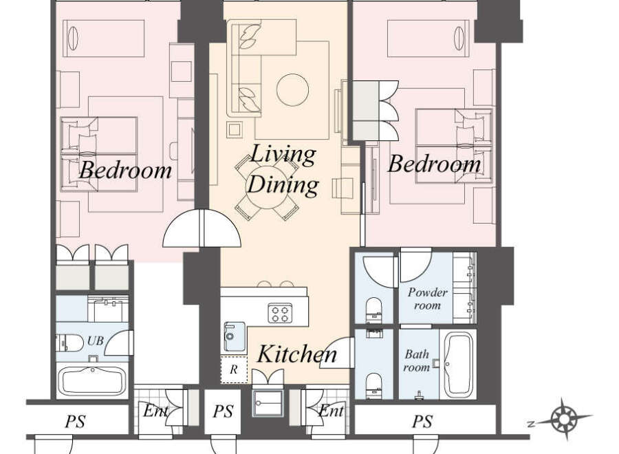 This floor plan showcases a spacious layout with two bedrooms, a combined living and dining area, and a well-equipped kitchen.