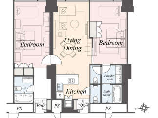 This floor plan showcases a spacious layout with two bedrooms, a combined living and dining area, and a well-equipped kitchen.