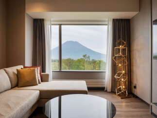 Experience breathtaking views from this stunning property, featuring a spacious living area with comfortable seating and a modern, stylish floor lamp.