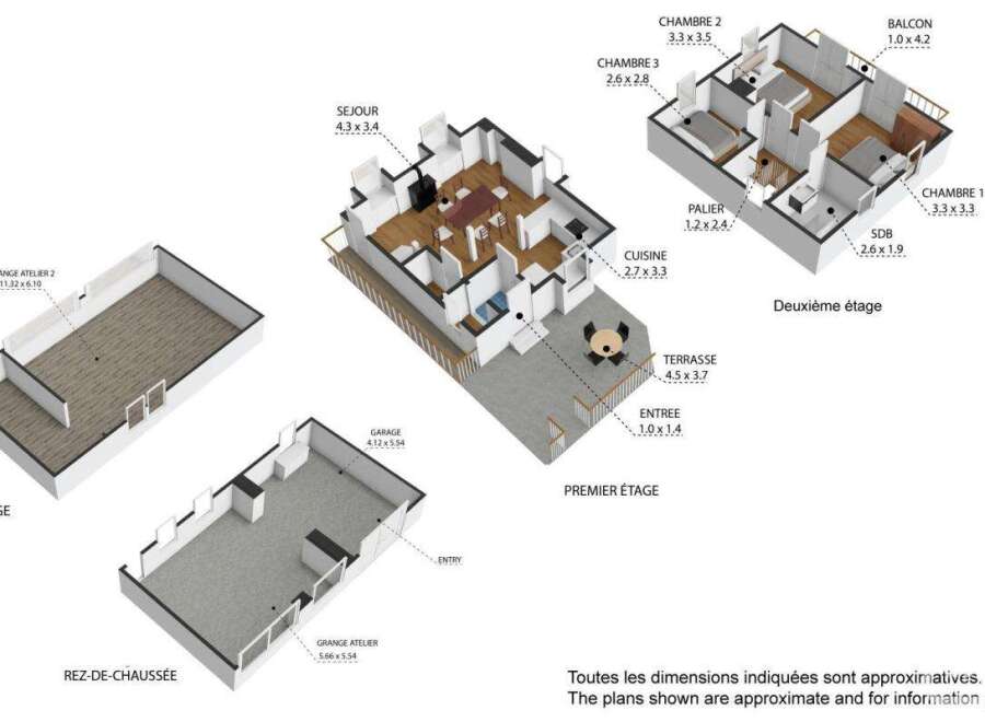 This floor plan showcases a multi-level house design, featuring a garage and atelier on the ground floor.