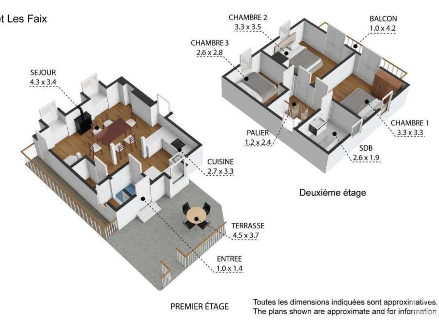 This floor plan showcases a charming chalet with well-defined spaces across two floors.