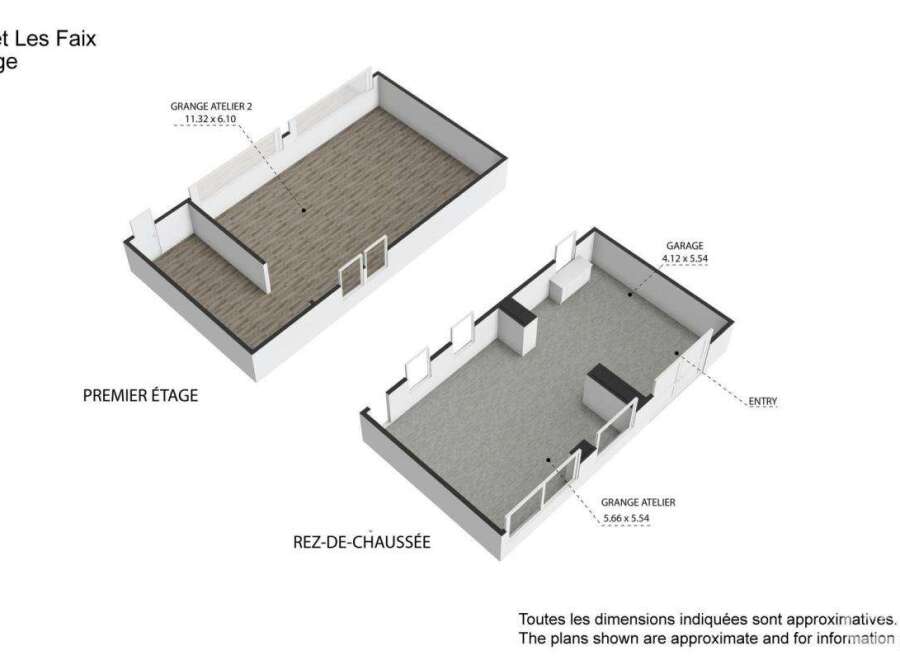 This floor plan illustrates the layout of Chalet Les Faix Grange, featuring a ground floor (REZ-DE-CHAUSSEE) with a garage and a "Grange Atelier", as well as a first floor (PREMIER ÉTAGE) with a larger "Grange Atelier 2".