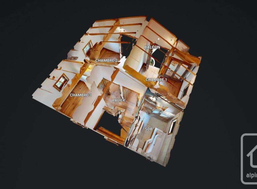 This 3D floor plan showcases a property with multiple bedrooms, a balcony, a landing (palier), and a bathroom (SDB).