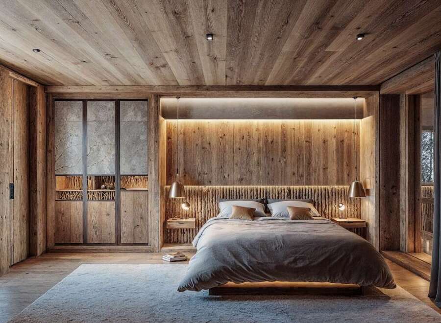 This bedroom showcases a warm, rustic design with extensive use of wood paneling on the walls, ceiling, and flooring, creating a cozy, natural ambiance.