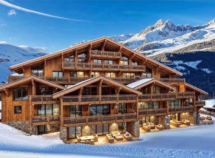A luxurious chalet nestled in a snowy mountain landscape, featuring multiple balconies and expansive windows.