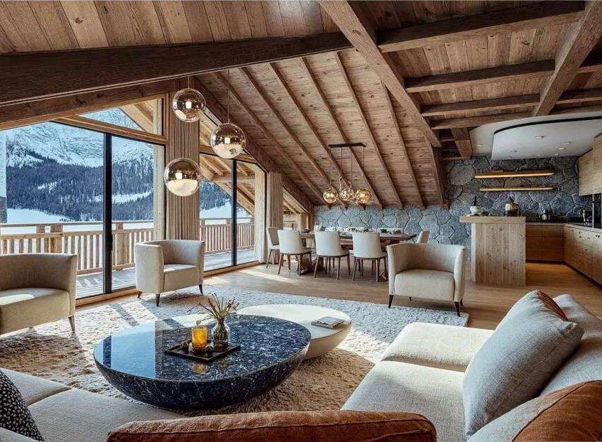 This luxurious chalet boasts stunning mountain views visible through large windows, seamlessly blending indoor comfort with the beauty of nature.