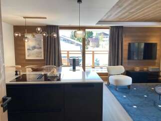 Experience luxury living in this stunning property, featuring a modern kitchen with sleek black cabinetry and a stylish island.