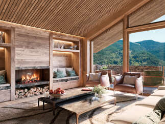 A luxurious living room boasts a cozy fireplace with wood storage, complemented by built-in shelves and seating niches.
