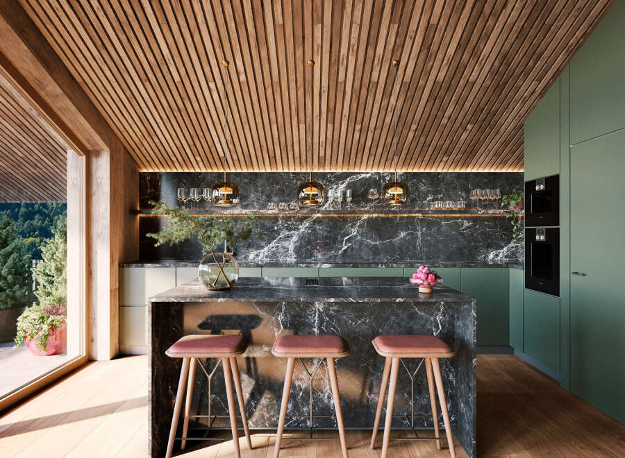 This modern kitchen boasts a striking combination of natural wood and sleek marble finishes.