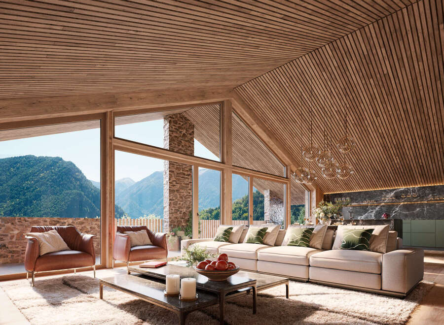 This stunning property boasts floor-to-ceiling windows offering breathtaking mountain views, seamlessly blending indoor and outdoor living.