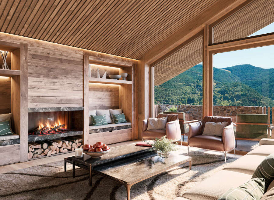 A luxurious living room boasts a cozy fireplace with wood storage, complemented by built-in shelves and seating niches.