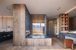 This modern bathroom features a luxurious soaking tub with mountain views, complemented by natural wood finishes and stone accents.