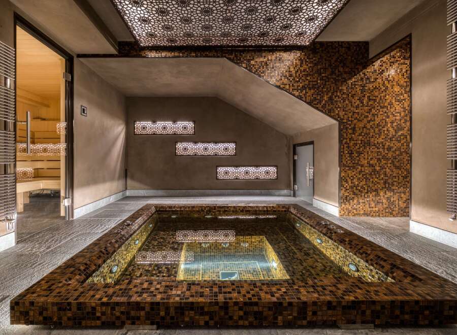 This luxurious home spa features a sauna, a cold plunge pool with mosaic tile accents, and decorative ceiling and wall panels that create a relaxing ambiance.