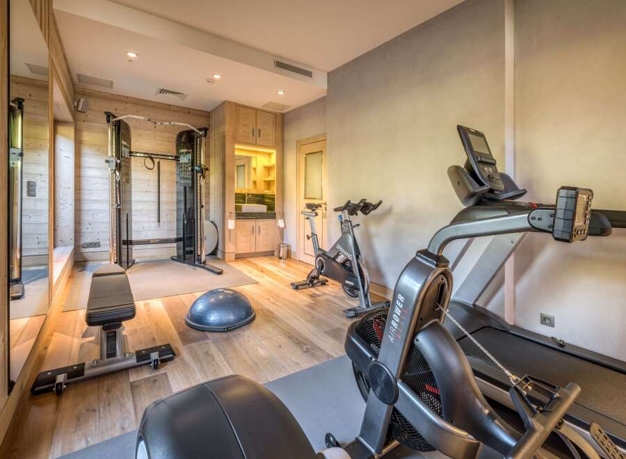 This home gym boasts state-of-the-art equipment, including a treadmill, spinning bike, and weight training station, making it ideal for fitness enthusiasts.