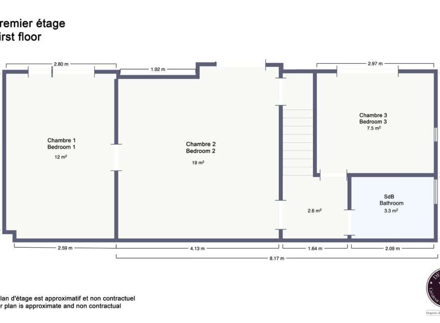 This floor plan showcases a well-designed first floor with three bedrooms and a bathroom.