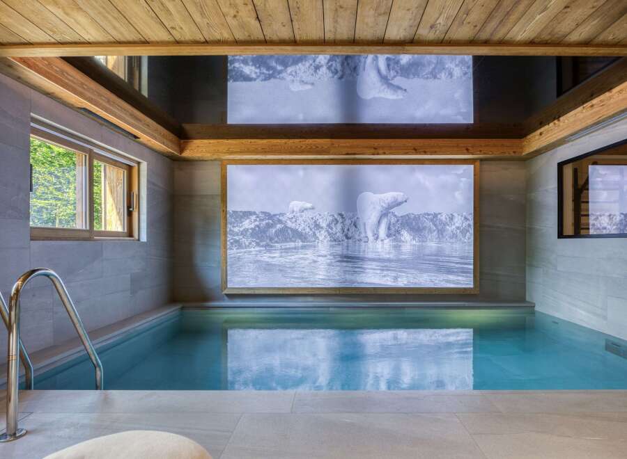Indulge in luxury with this stunning indoor pool, featuring a serene ambiance and captivating artwork.