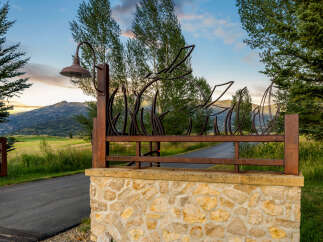 Discover the charm of this stunning property, featuring a beautifully crafted stone entrance and a unique metal gate design.