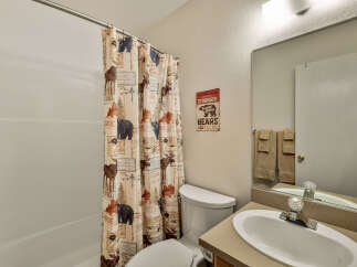 This charming bathroom features a rustic shower curtain with nature-themed designs, creating a cozy and inviting atmosphere.
