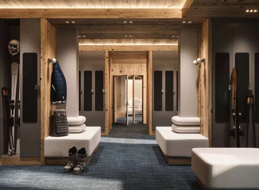 Step into luxury with this ski locker room, designed for both style and functionality.