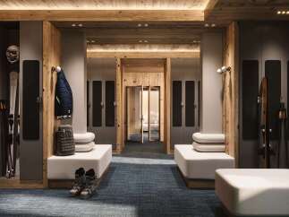 Step into luxury with this ski locker room, designed for both style and functionality.