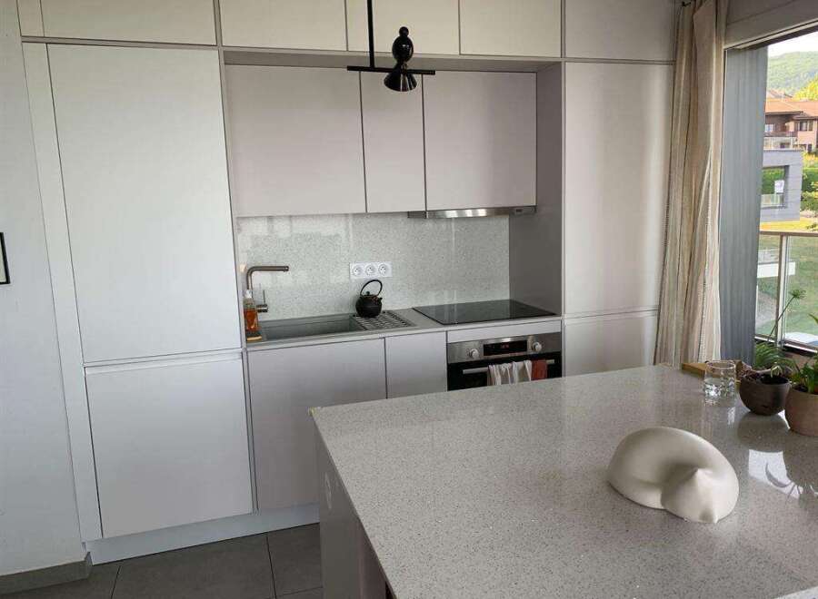 This modern kitchen boasts sleek, white cabinetry and a stunning quartz countertop, perfect for culinary enthusiasts.