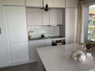This modern kitchen boasts sleek, white cabinetry and a stunning quartz countertop, perfect for culinary enthusiasts.
