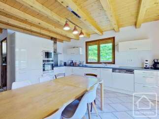 This stunning kitchen boasts a modern design with sleek white cabinetry and a warm wooden ceiling.
