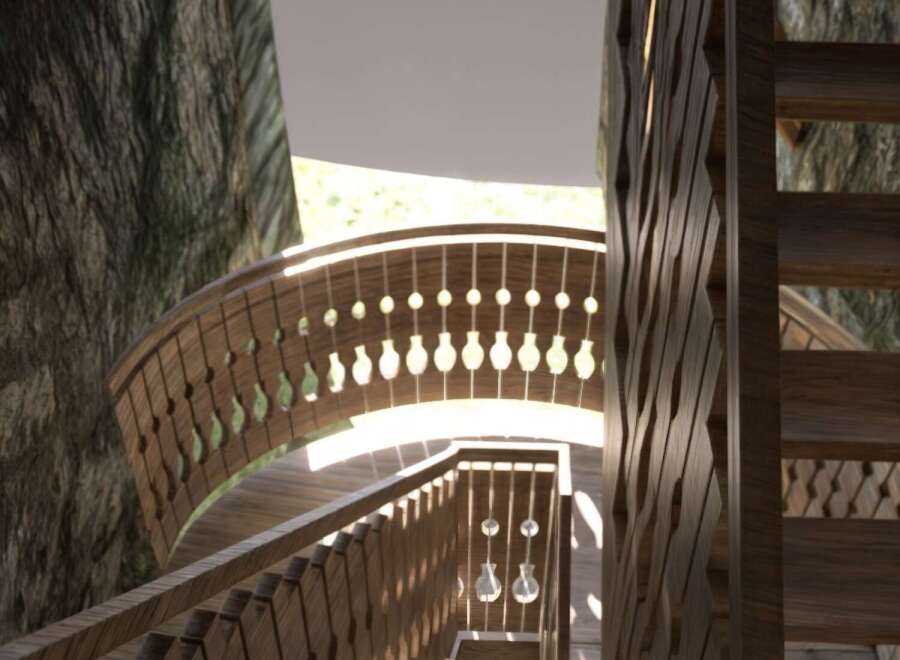 Experience the beauty of nature with this stunning wooden staircase design.