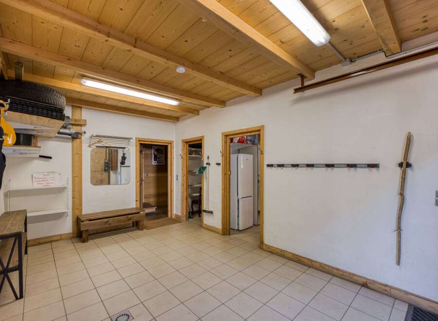 This inviting space showcases a blend of rustic charm and practical design.