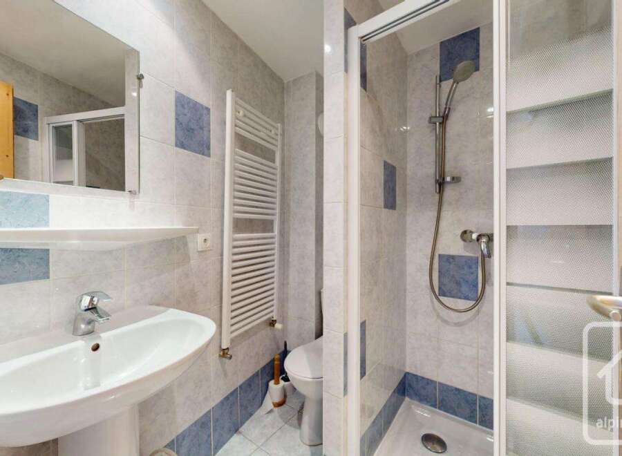 This well-maintained bathroom features a modern sink, a convenient shower, and a stylish heated towel rack.