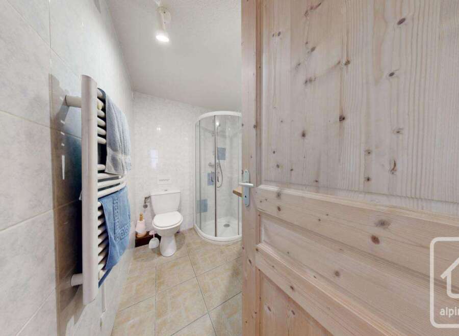 Discover this charming bathroom featuring a modern shower, a convenient toilet, and a stylish towel rack.