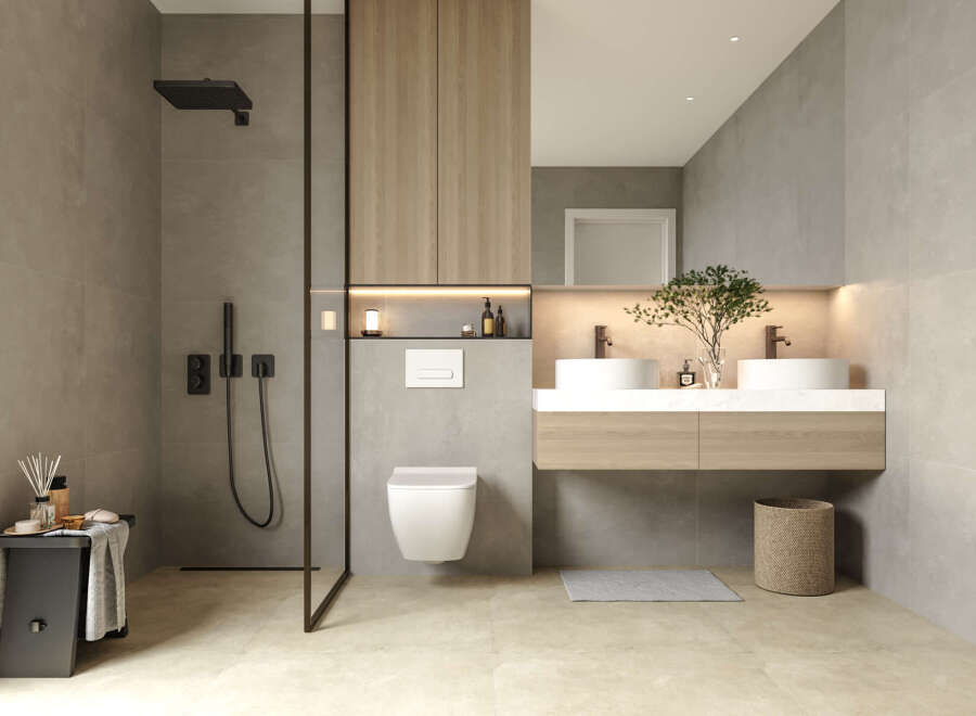 This modern bathroom boasts a sleek design with a walk-in shower, floating vanity, and a wall-mounted toilet.