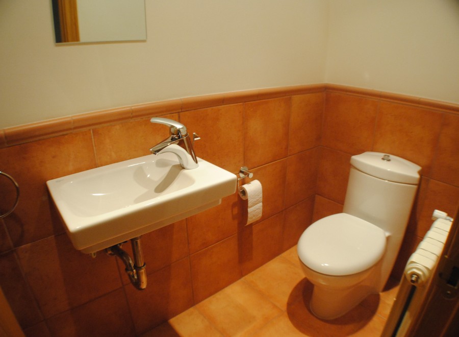 This cozy bathroom boasts a modern toilet and sink, complemented by warm, terracotta-colored tile flooring and walls.