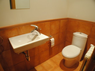 This cozy bathroom boasts a modern toilet and sink, complemented by warm, terracotta-colored tile flooring and walls.