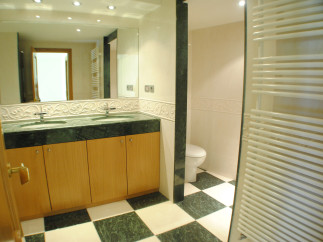 This stunning bathroom boasts a spacious double vanity with marble countertops and wooden cabinets, offering ample storage.