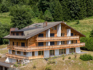 Discover the charm of this stunning wooden chalet nestled in a picturesque mountain setting.